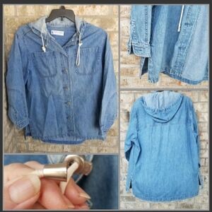 Vintage StoneWash BLUE Denim Shacket (Women XL) button Hooded Shirt Jacket Y2K